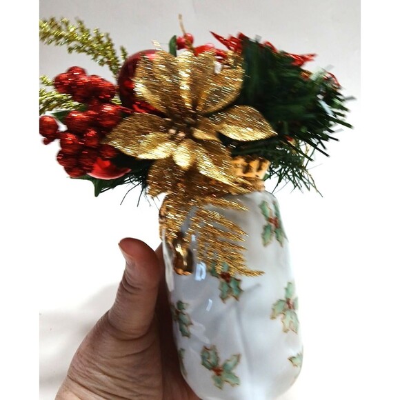 Christmas Holly Berry Vase Gold Tassel Decor Reds Greens Gold Floral Traditional - Picture 3 of 8